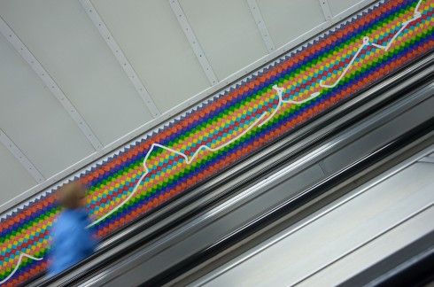 A LOCK IS A GATE © Ruth Ewan 2011. Artwork for Bethnal Green station escalators. Photograph: Daisy Hutchison