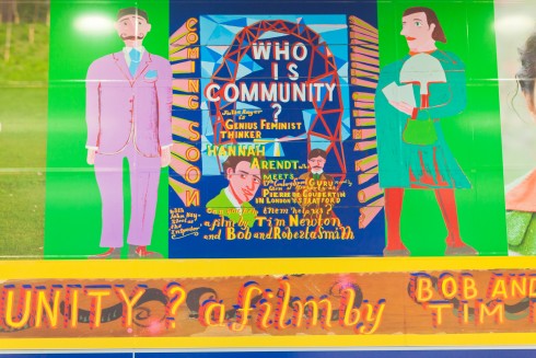 Bob and Roberta Smith and Tim Newton, Who is Community? at Stratford station, 2012. Photograph: Benedict Johnson
