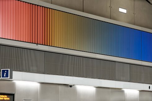 Alexandre da Cunha, 'Sunset, Sunrise, Sunset', 2021. Battersea Power Station Underground station. Commissioned by Art on the Underground. Courtesy the artist and Thomas Dane Gallery. Photo by GG Archard, 2021.