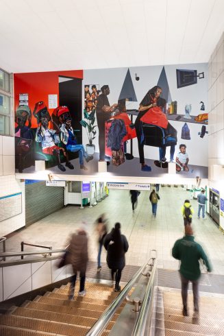 Joy Labinjo, '5 more minutes', 2021. Brixton Underground station. Commissioned by Art on the Underground. Courtesy the artist and Tiwani Contemporary. Photo: Angus Mill, 2021