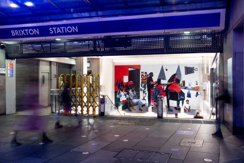 Joy Labinjo, '5 more minutes', 2021. Brixton Underground station. Commissioned by Art on the Underground. Courtesy the artist and Tiwani Contemporary. Photo: Angus Mill, 2021