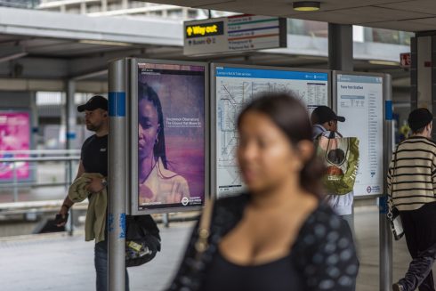 Rhea Storr, ‘Uncommon Observations: The Ground that Moves Us’, 2022, marketing poster seen on a platform at Stratford station. Commissioned by Art on the Underground. Courtesy the artist. Photo: Thierry Bal 